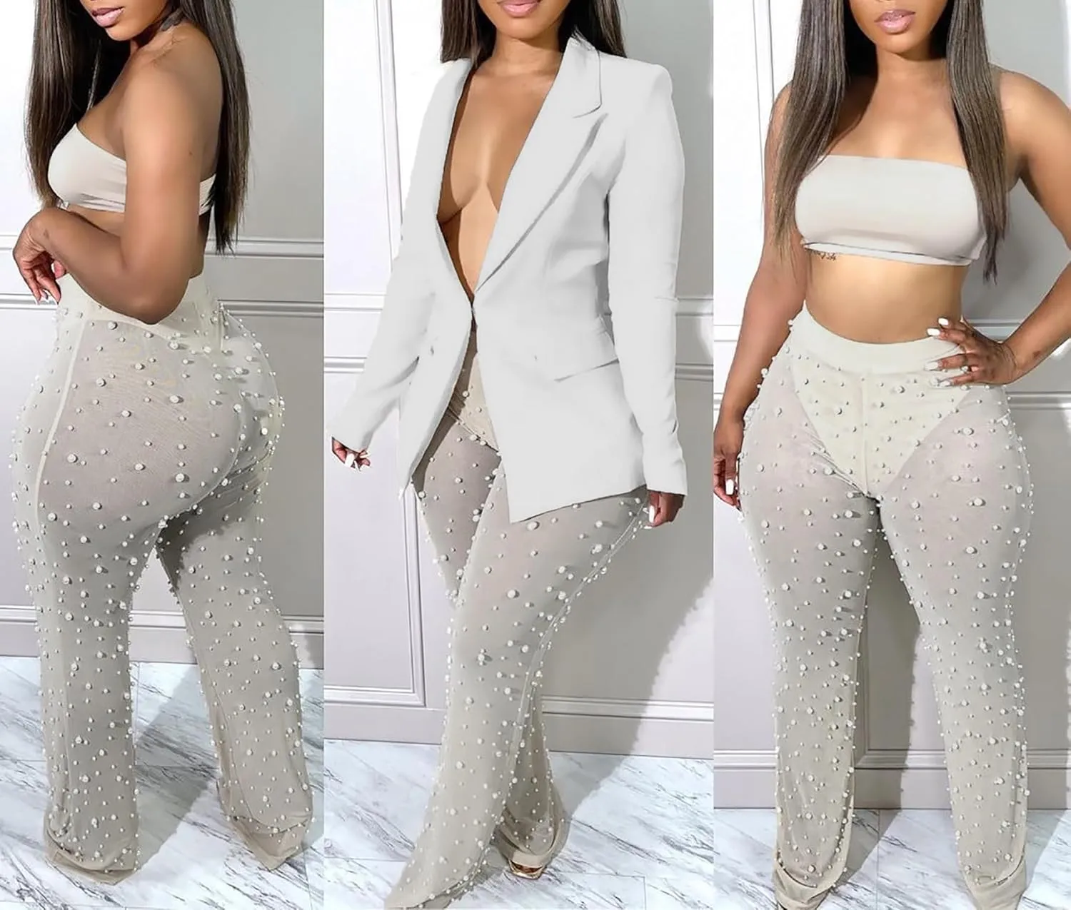 Vakkest Womens 2 Piece Outfits Suits Sheer Mesh Bead Pants and Long Sleeve Business Casual Office Work Blazer Sets