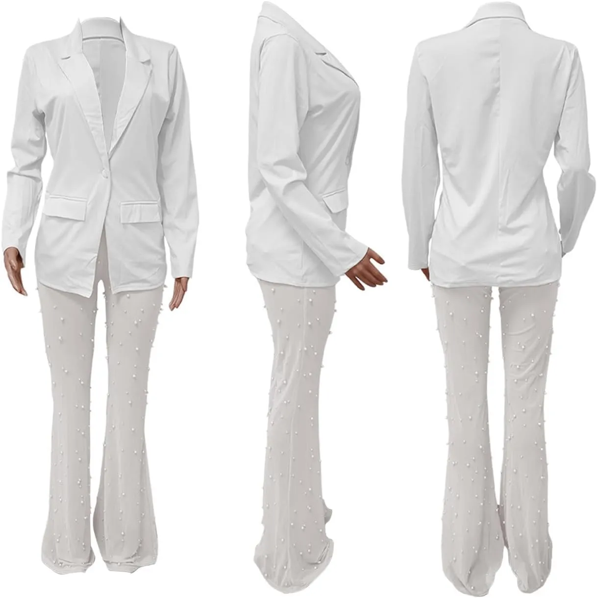 Vakkest Womens 2 Piece Outfits Suits Sheer Mesh Bead Pants and Long Sleeve Business Casual Office Work Blazer Sets