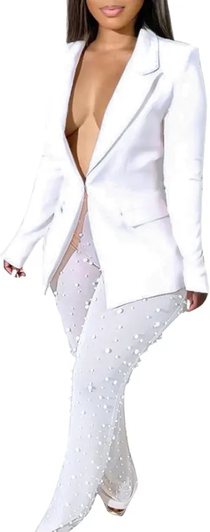 Vakkest Womens 2 Piece Outfits Suits Sheer Mesh Bead Pants and Long Sleeve Business Casual Office Work Blazer Sets
