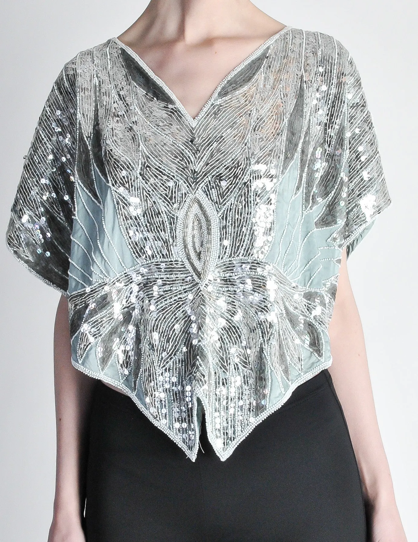 Vintage 1970s Silver Sequin Beaded Butterfly Top