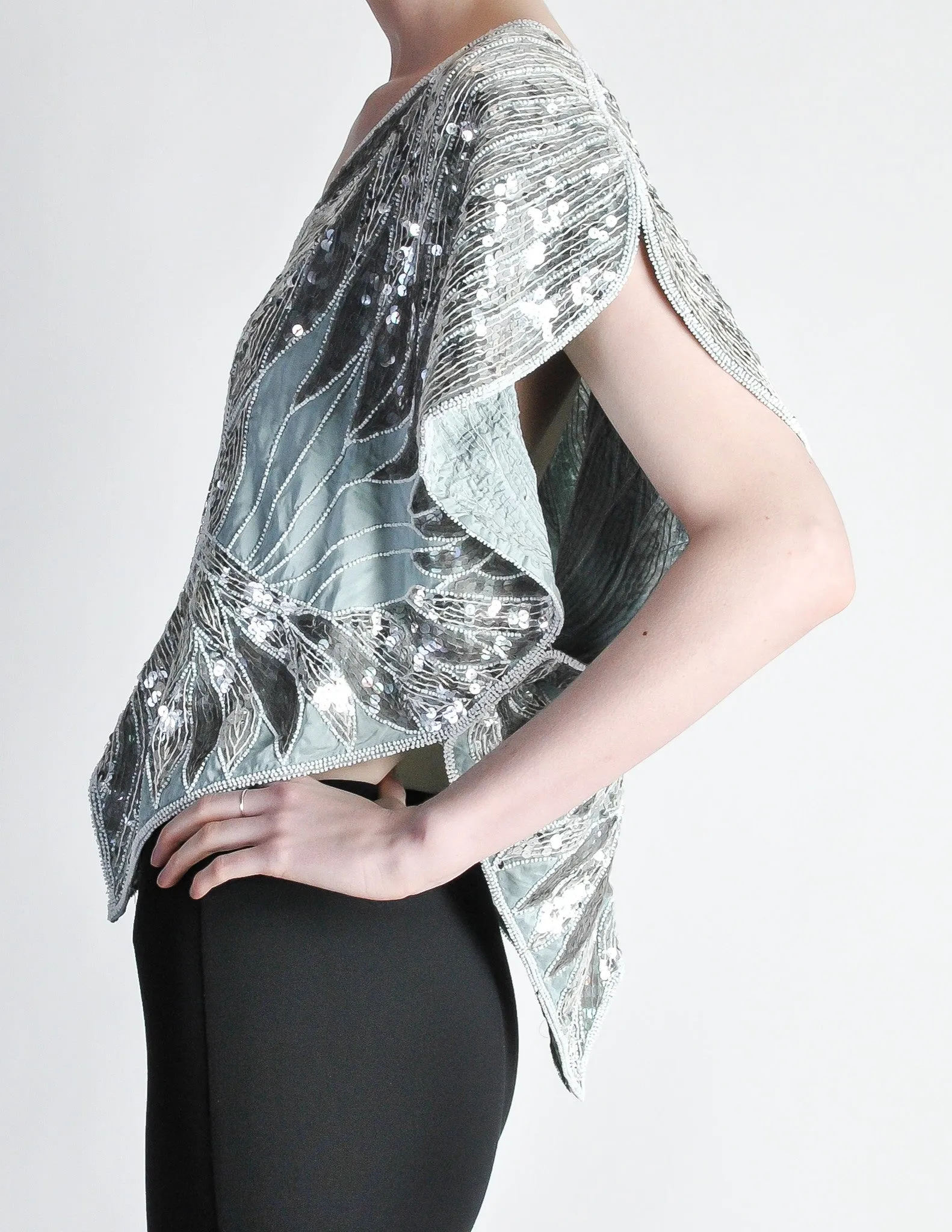 Vintage 1970s Silver Sequin Beaded Butterfly Top