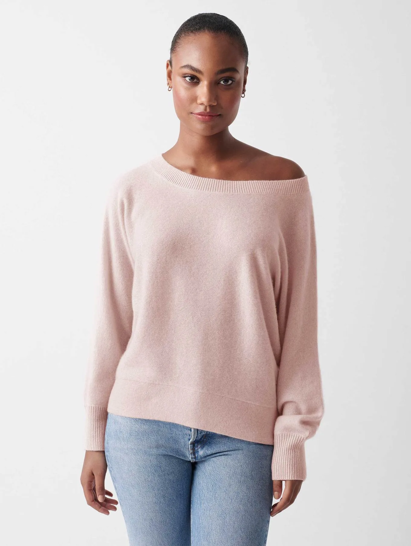 White   Warren - Cashmere Off Shoulder Rib Trim Crewneck in Blush Heather