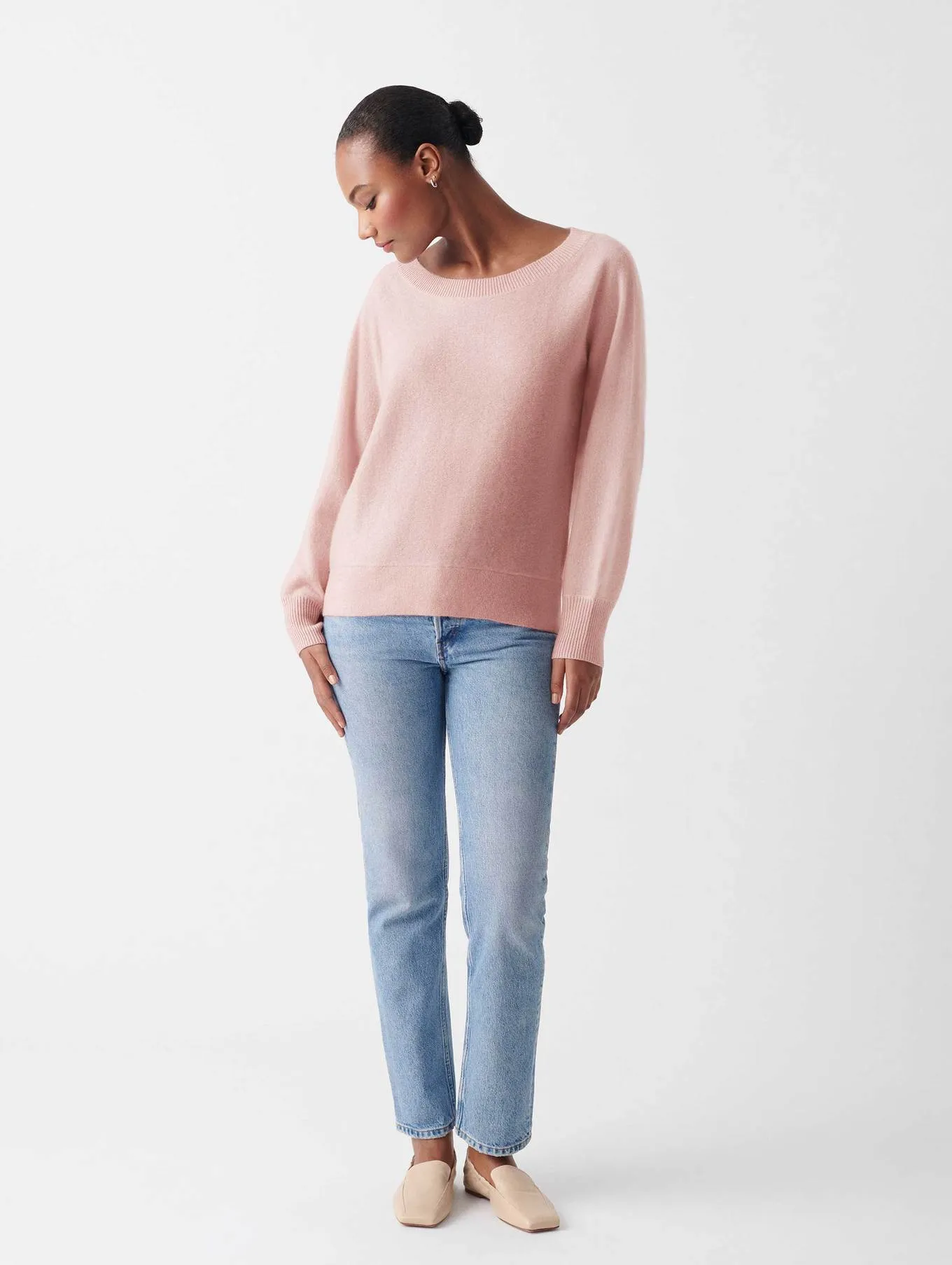 White   Warren - Cashmere Off Shoulder Rib Trim Crewneck in Blush Heather