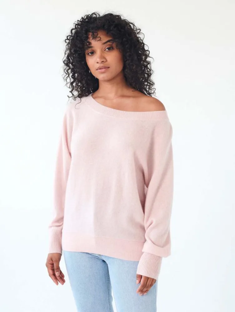 White   Warren - Cashmere Off Shoulder Rib Trim Crewneck in Blush Heather