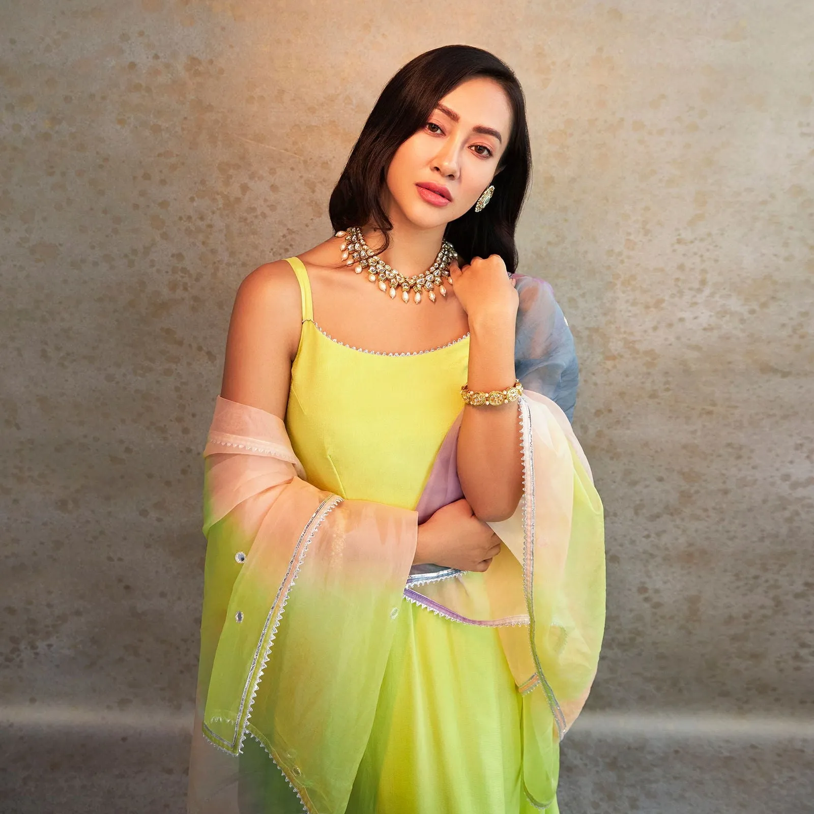 Women Chiffon Roundneck Embellished Regular Fit Anarkali Set Neon Green