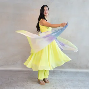 Women Chiffon Roundneck Embellished Regular Fit Anarkali Set Neon Green