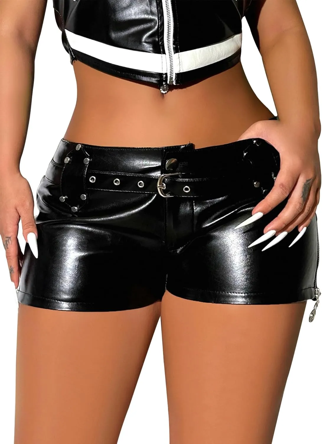 Women Faux Leather Hot Pants Shorts High Waist Slim Sexy Bandage Booty Punk Dance Club PU Leather Festival Rave Shorts