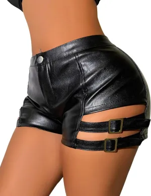 Women Faux Leather Hot Pants Shorts High Waist Slim Sexy Bandage Booty Punk Dance Club PU Leather Festival Rave Shorts
