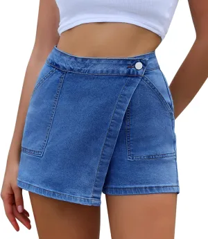 Women High Waisted Wrap Denim Shorts Casual Y2k Denim Cargo Jeasn Skort Cross Over Waist Asymmetrical Mini Shorts