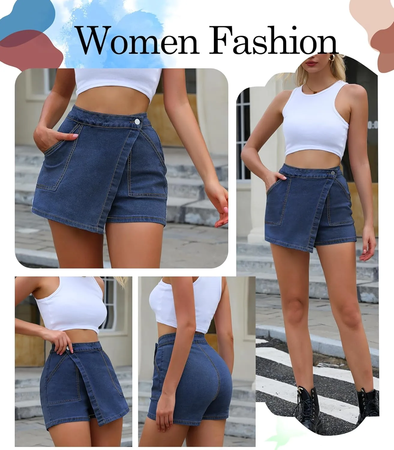 Women High Waisted Wrap Denim Shorts Casual Y2k Denim Cargo Jeasn Skort Cross Over Waist Asymmetrical Mini Shorts