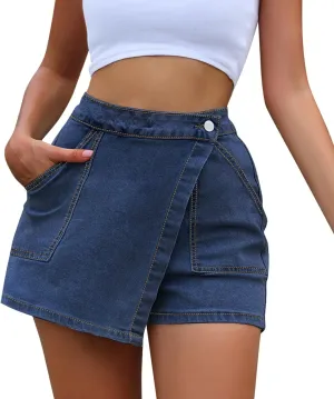 Women High Waisted Wrap Denim Shorts Casual Y2k Denim Cargo Jeasn Skort Cross Over Waist Asymmetrical Mini Shorts