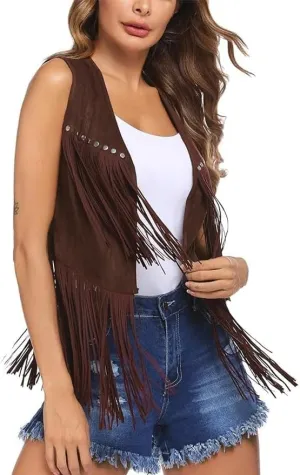 Women Tassel Vest Sleeveless Open Front Western Fringe Jacket 60s 70s Hippie Faux Suede Cowboy Cowgirl Vest