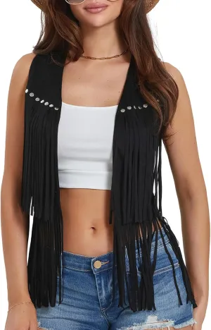 Women Tassel Vest Sleeveless Open Front Western Fringe Jacket 60s 70s Hippie Faux Suede Cowboy Cowgirl Vest