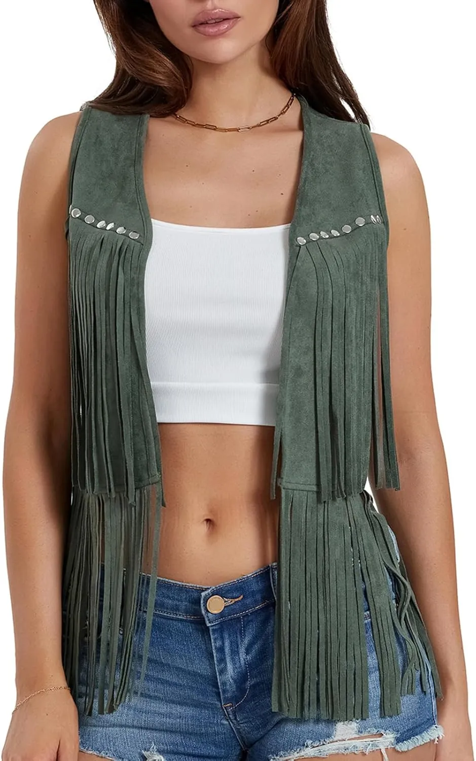 Women Tassel Vest Sleeveless Open Front Western Fringe Jacket 60s 70s Hippie Faux Suede Cowboy Cowgirl Vest