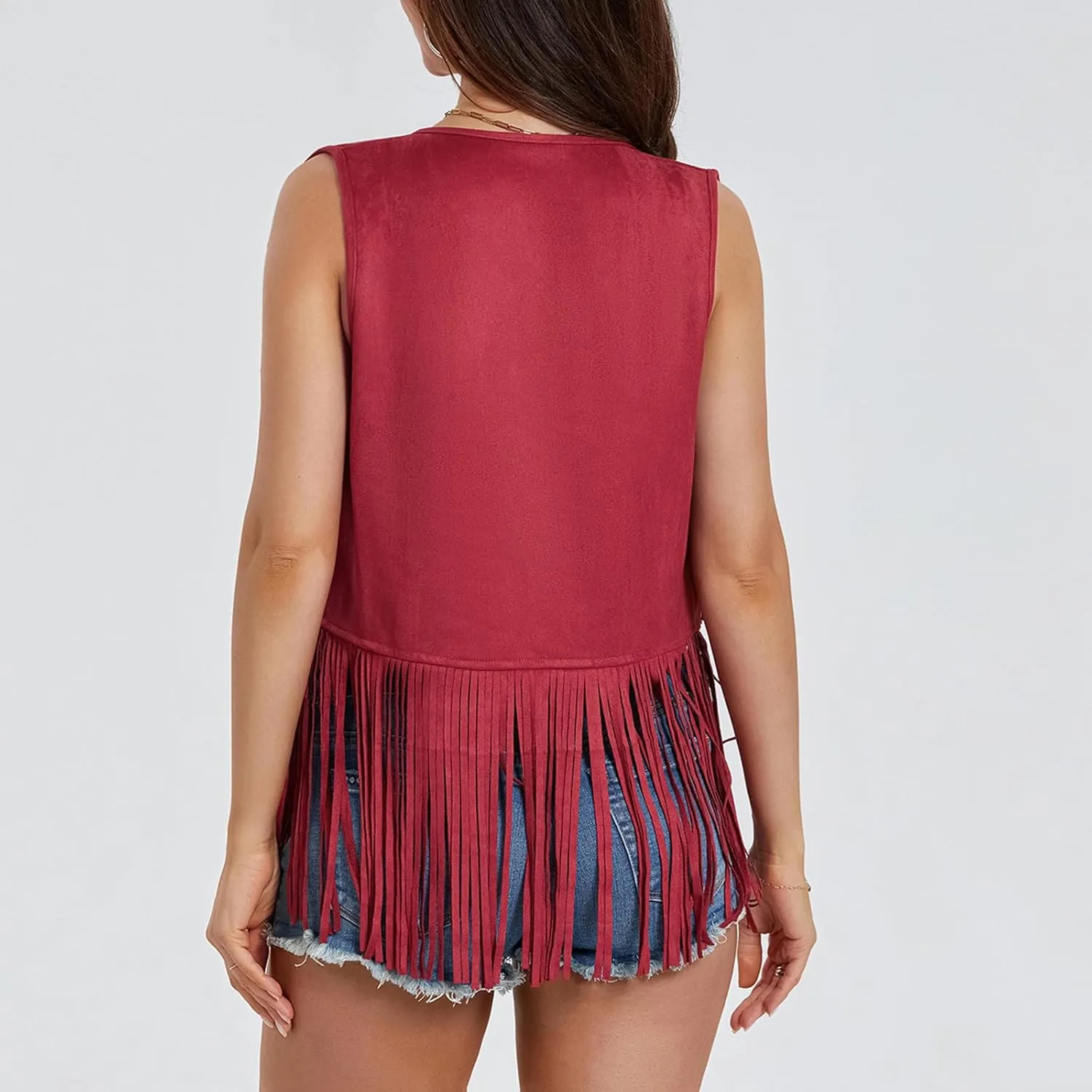 Women Tassel Vest Sleeveless Open Front Western Fringe Jacket 60s 70s Hippie Faux Suede Cowboy Cowgirl Vest