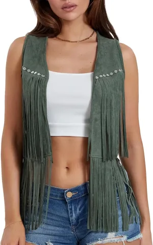 Women Tassel Vest Sleeveless Open Front Western Fringe Jacket 60s 70s Hippie Faux Suede Cowboy Cowgirl Vest