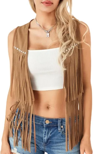 Women Tassel Vest Sleeveless Open Front Western Fringe Jacket 60s 70s Hippie Faux Suede Cowboy Cowgirl Vest