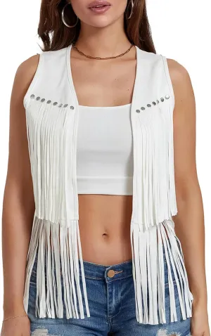 Women Tassel Vest Sleeveless Open Front Western Fringe Jacket 60s 70s Hippie Faux Suede Cowboy Cowgirl Vest
