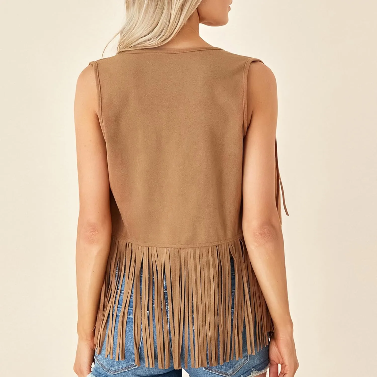 Women Tassel Vest Sleeveless Open Front Western Fringe Jacket 60s 70s Hippie Faux Suede Cowboy Cowgirl Vest