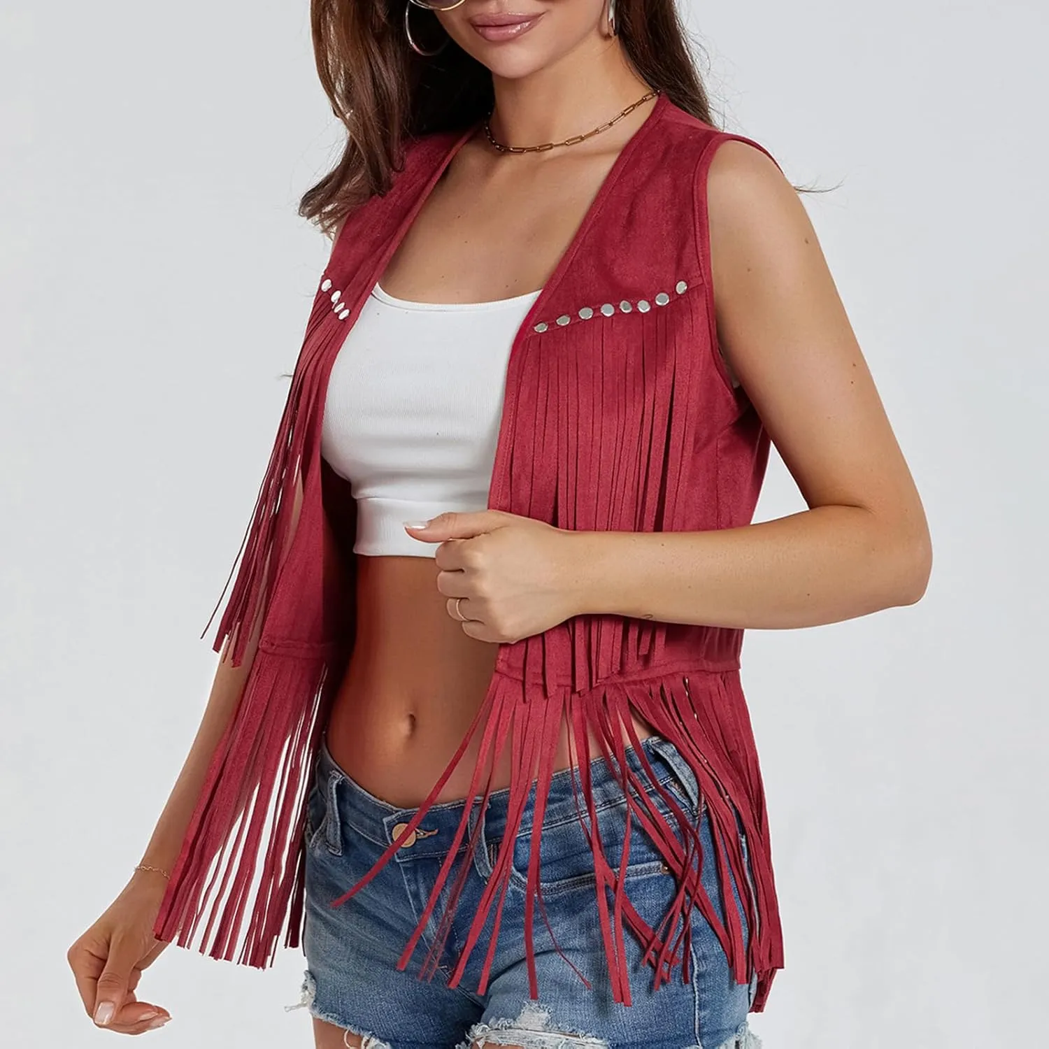 Women Tassel Vest Sleeveless Open Front Western Fringe Jacket 60s 70s Hippie Faux Suede Cowboy Cowgirl Vest