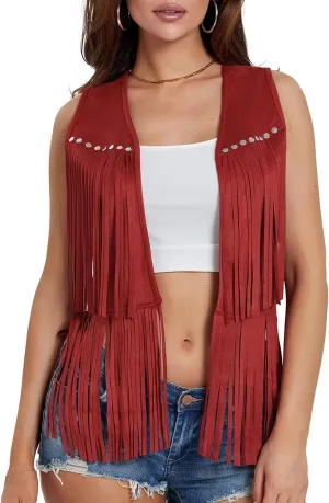 Women Tassel Vest Sleeveless Open Front Western Fringe Jacket 60s 70s Hippie Faux Suede Cowboy Cowgirl Vest