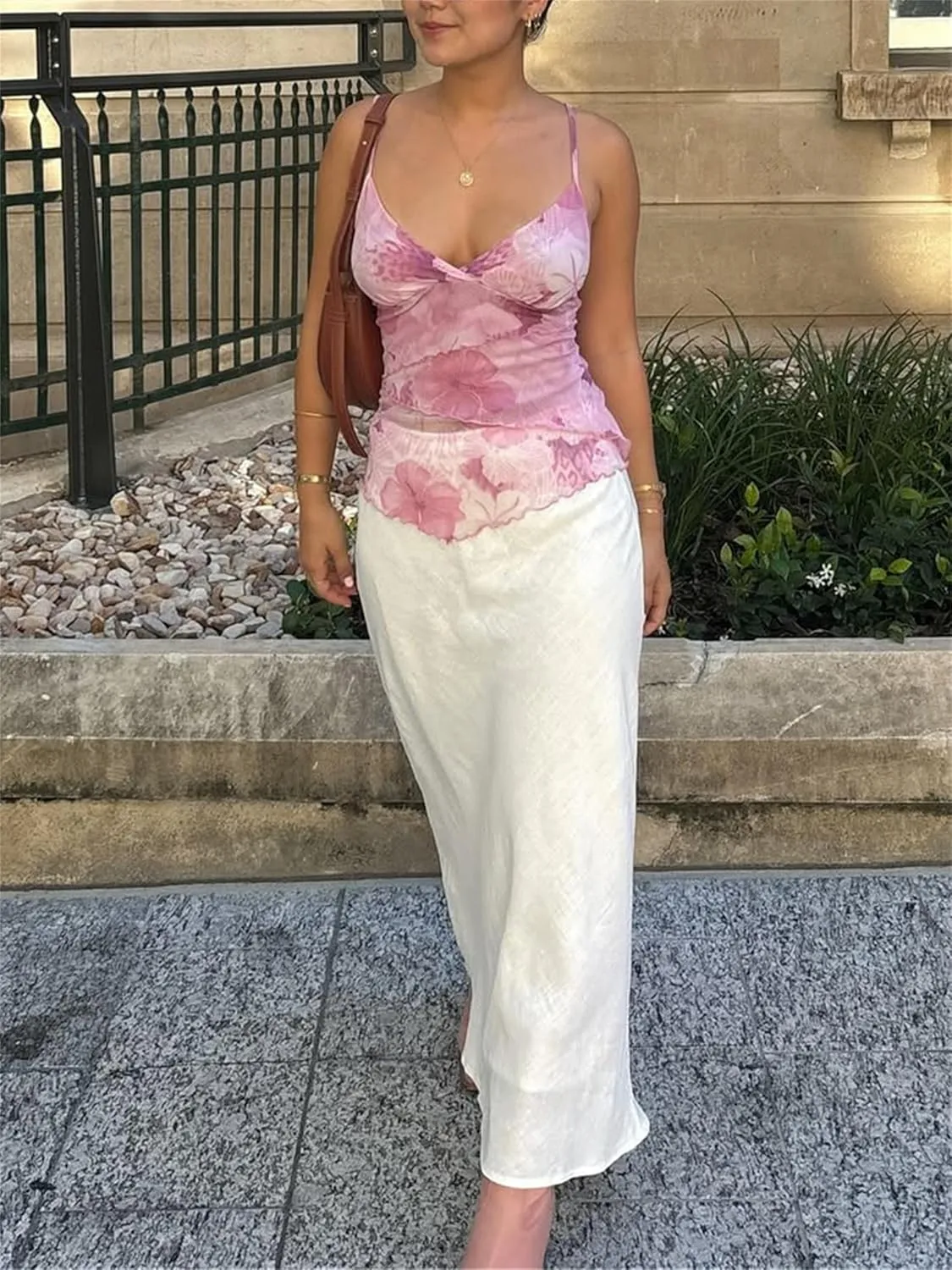 Women Y2k Floral Tank Cami Top V Neck Mesh Spaghetti Strap Ruffle Layered Wrap Camisole Summer Going Out Streetwear