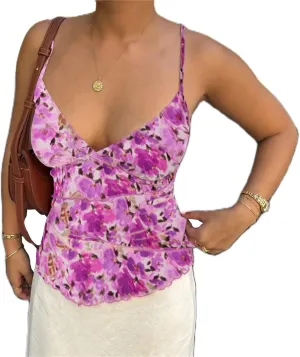 Women Y2k Floral Tank Cami Top V Neck Mesh Spaghetti Strap Ruffle Layered Wrap Camisole Summer Going Out Streetwear