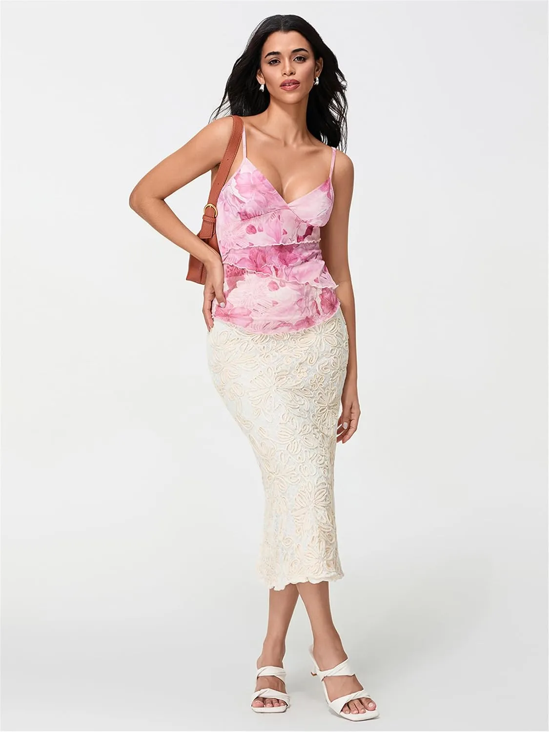 Women Y2k Floral Tank Cami Top V Neck Mesh Spaghetti Strap Ruffle Layered Wrap Camisole Summer Going Out Streetwear