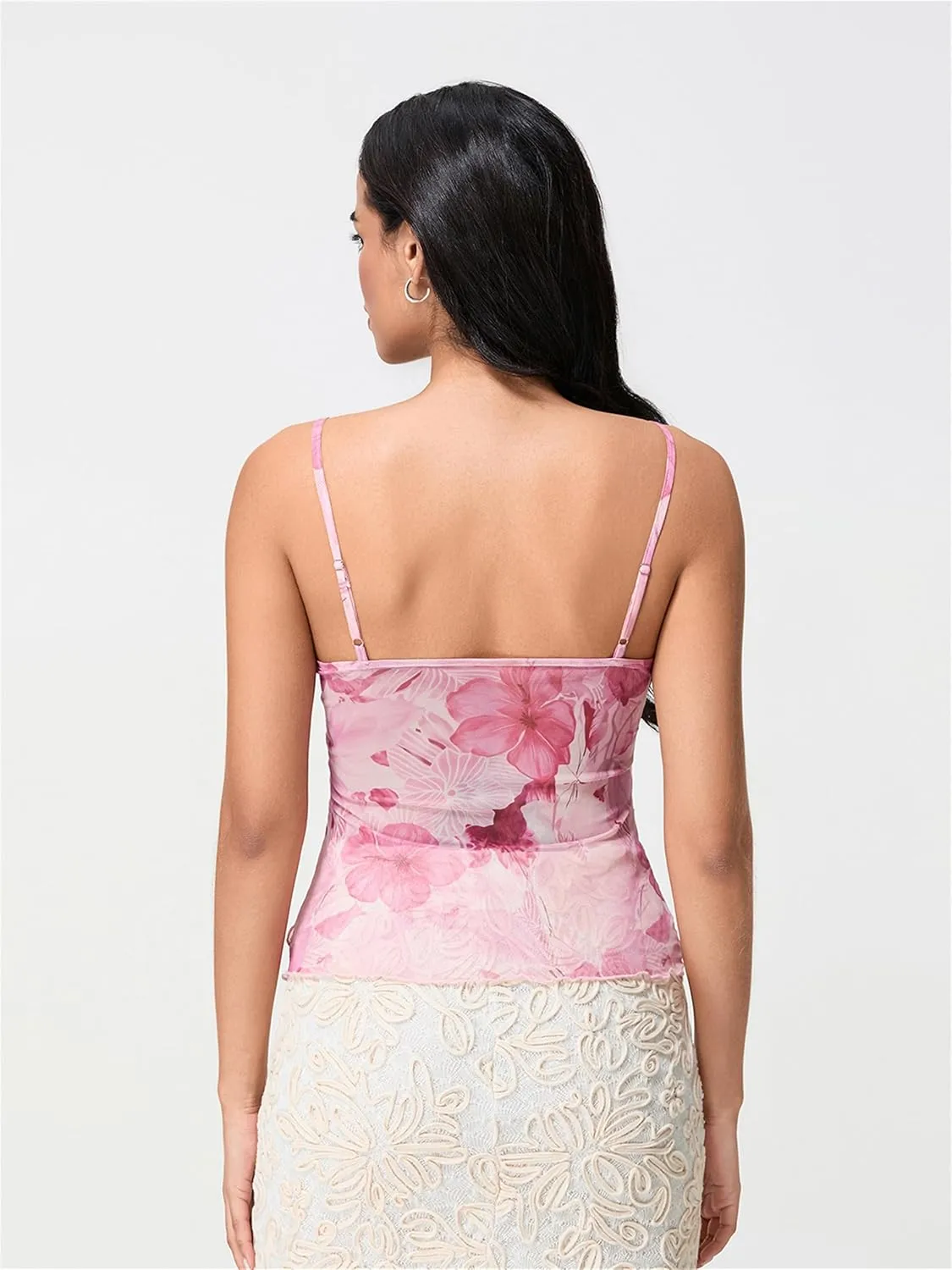 Women Y2k Floral Tank Cami Top V Neck Mesh Spaghetti Strap Ruffle Layered Wrap Camisole Summer Going Out Streetwear
