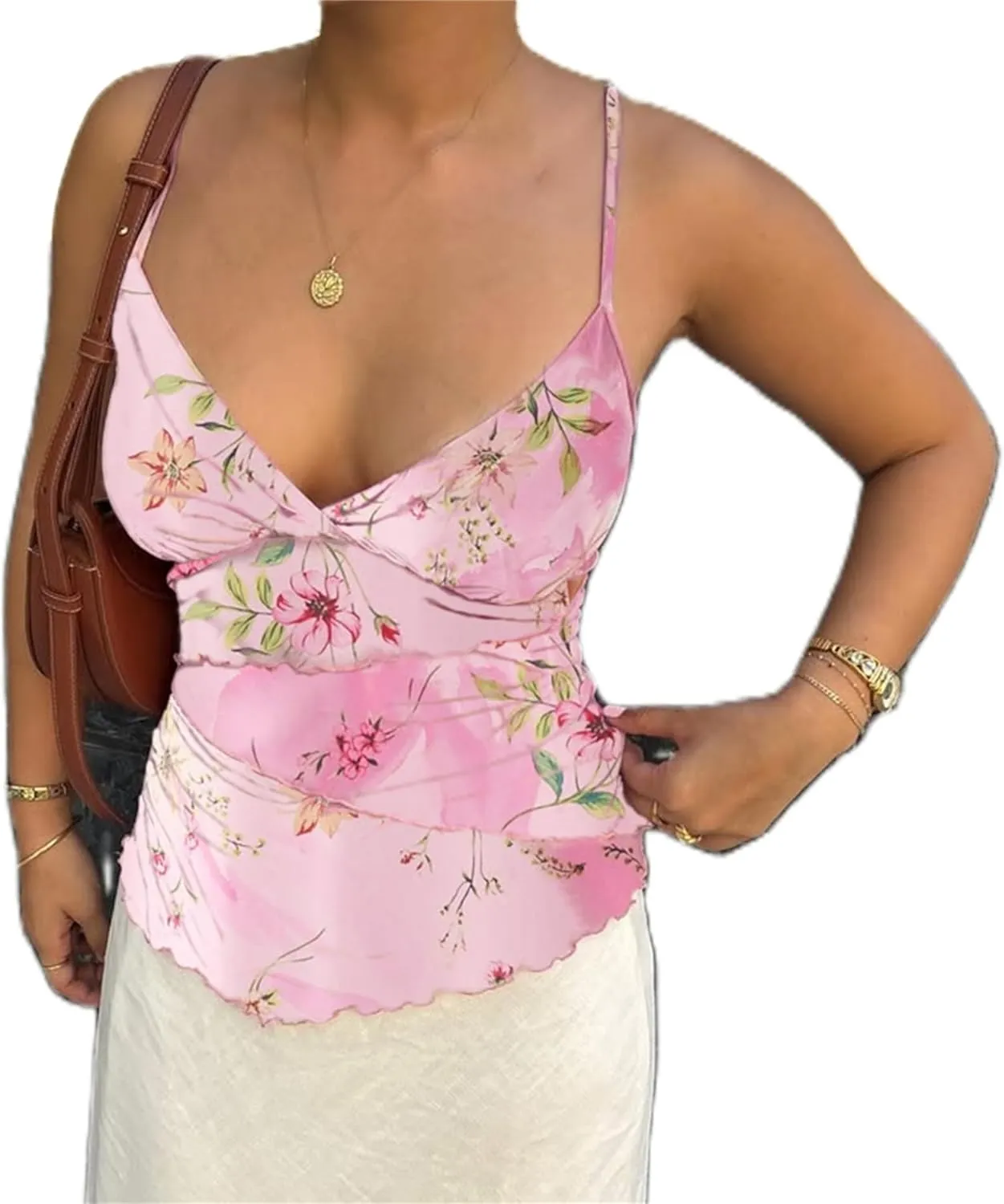 Women Y2k Floral Tank Cami Top V Neck Mesh Spaghetti Strap Ruffle Layered Wrap Camisole Summer Going Out Streetwear