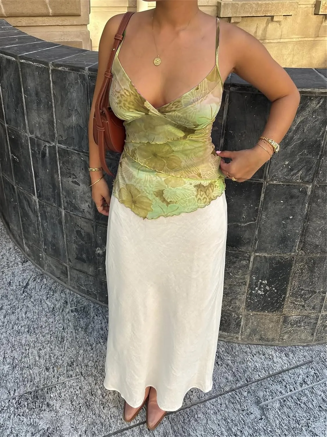 Women Y2k Floral Tank Cami Top V Neck Mesh Spaghetti Strap Ruffle Layered Wrap Camisole Summer Going Out Streetwear