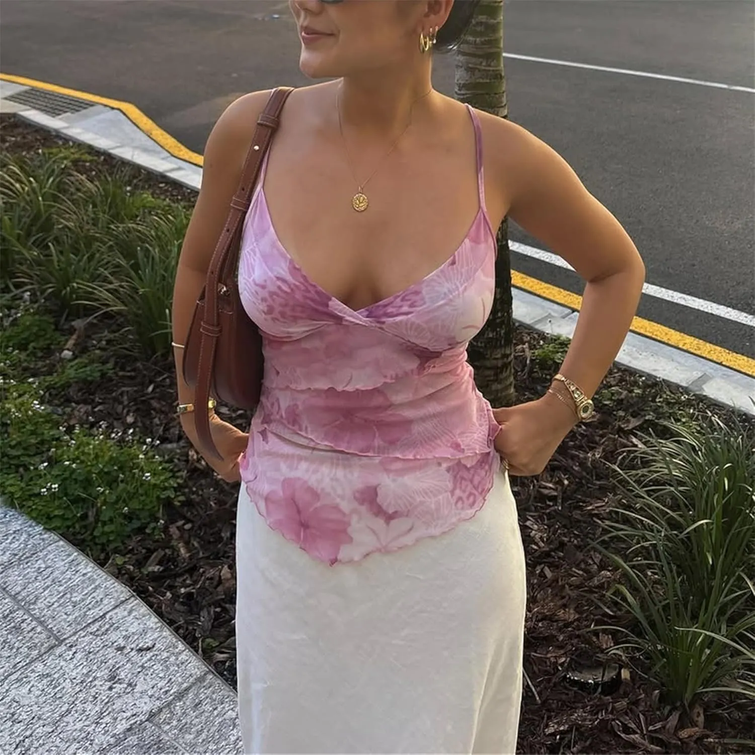 Women Y2k Floral Tank Cami Top V Neck Mesh Spaghetti Strap Ruffle Layered Wrap Camisole Summer Going Out Streetwear