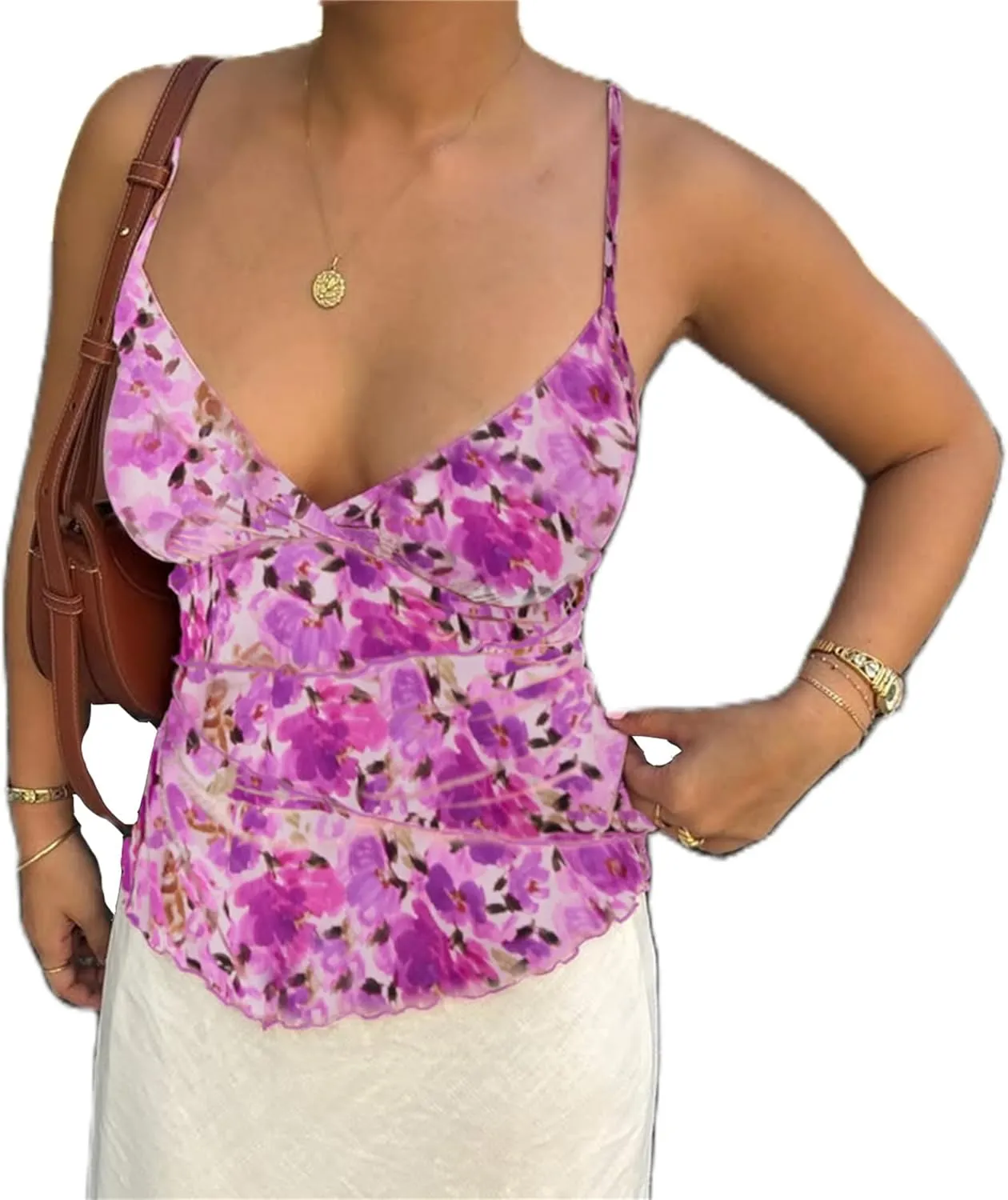 Women Y2k Floral Tank Cami Top V Neck Mesh Spaghetti Strap Ruffle Layered Wrap Camisole Summer Going Out Streetwear