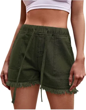 Womens Denim Shorts Raw Hem Elastic High Waisted Drawstring Stretchy Relaxed Jean Short with Pockets