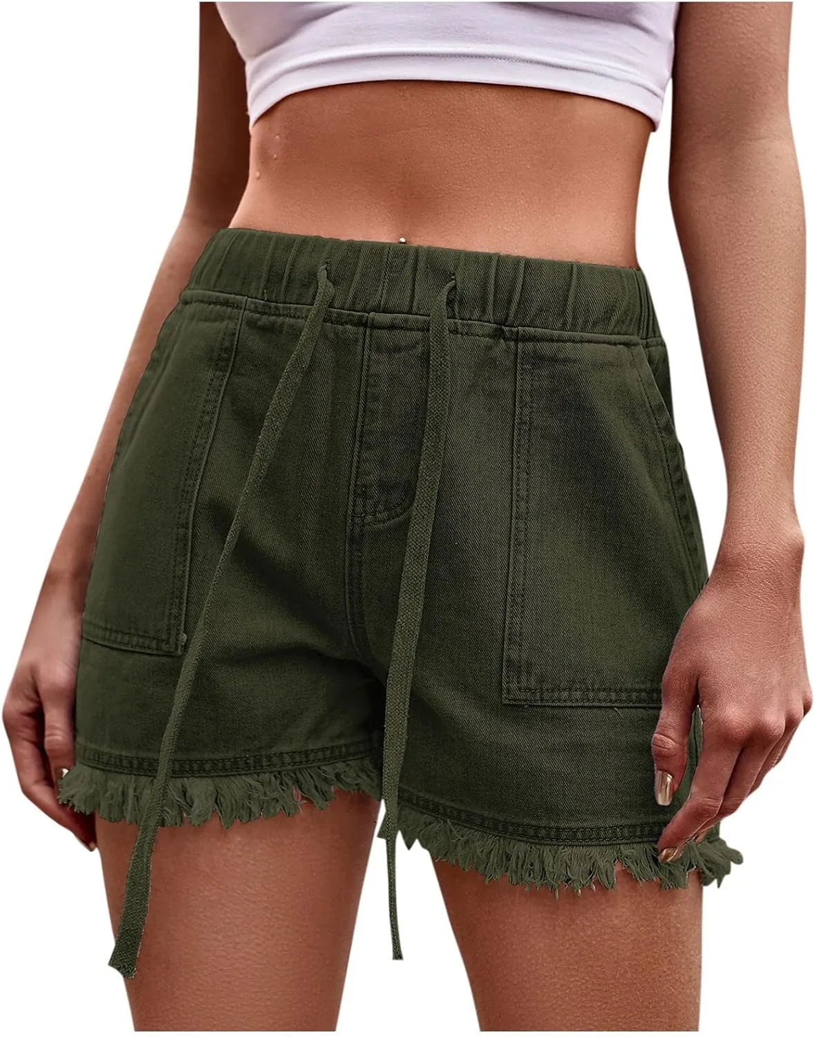 Womens Denim Shorts Raw Hem Elastic High Waisted Drawstring Stretchy Relaxed Jean Short with Pockets