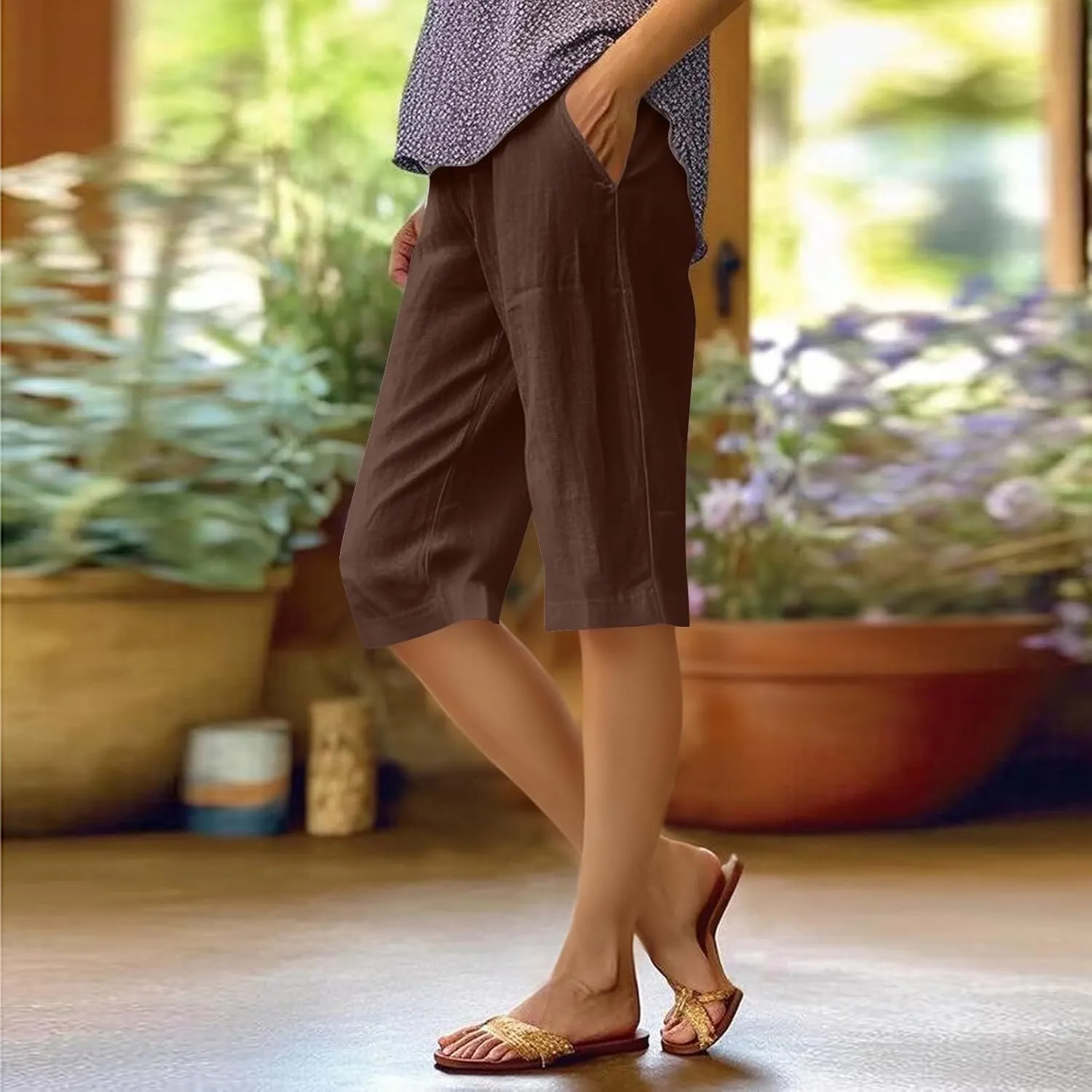 Womens Linen Tapered Capri Pants Plus Size Solid Color Cotton Linen Casual Summer 2025 Straight Leg Cropped Trouser
