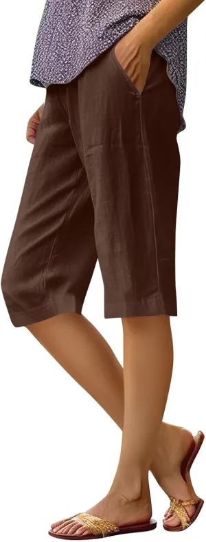 Womens Linen Tapered Capri Pants Plus Size Solid Color Cotton Linen Casual Summer 2025 Straight Leg Cropped Trouser