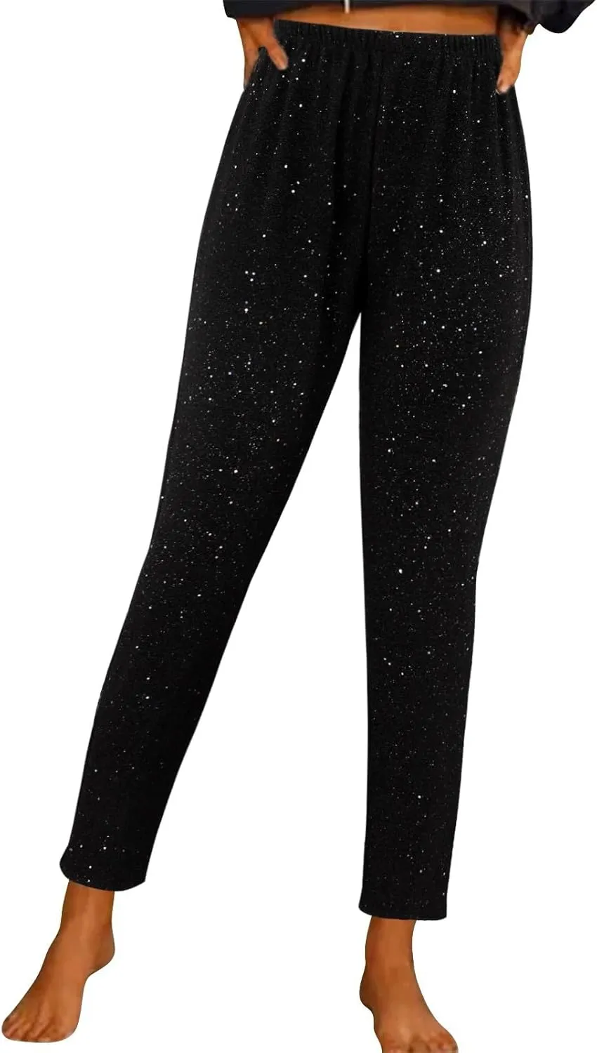 Women's Satin Pants Women's High Waisted Sequin Loose Drape Wide Leg Pants Fashion Casual Pants Clubwear Streetwear