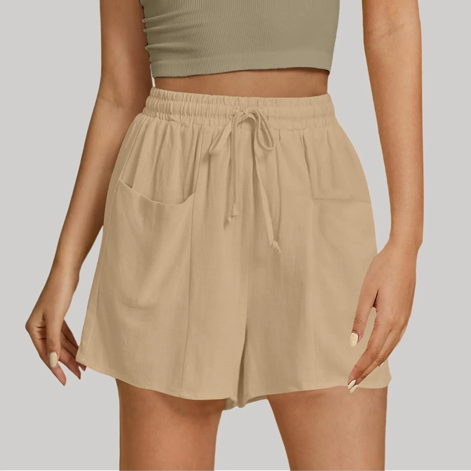 Women's Summer Linen High Elastic Waist Drawstring Solid Color Casual Loose Fit Beach Shorts with Pockets