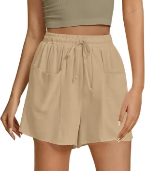 Women's Summer Linen High Elastic Waist Drawstring Solid Color Casual Loose Fit Beach Shorts with Pockets